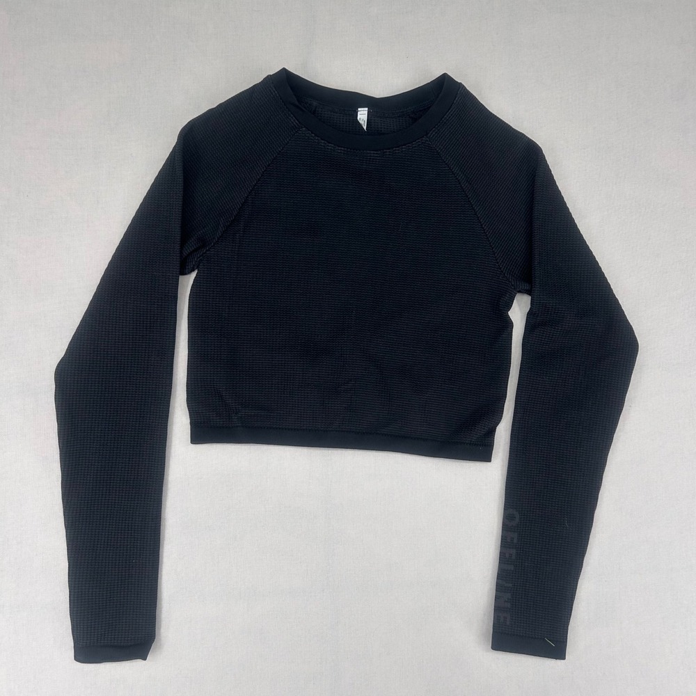 Aerie OFFLINE Black Waffle Knit Long Sleeve Cropped Activewear Top 7243418094